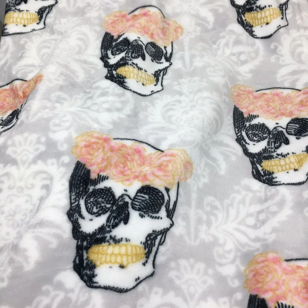 Halloween Sugar Skull Pink Floral Throw Blanket MicroFleece Gray Day Dead 60x70